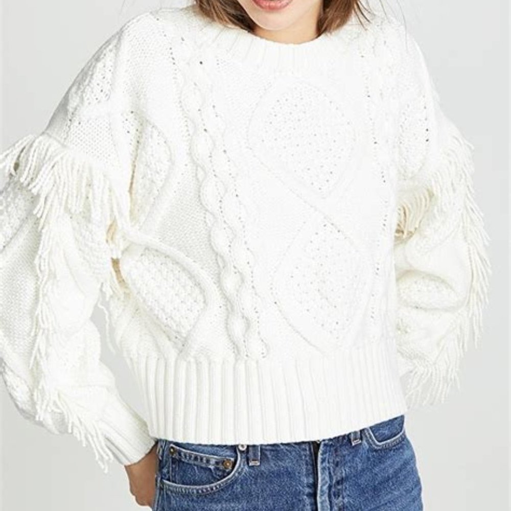 Line & Dot Jasper Fringe Cable Knit Sweater Size Large